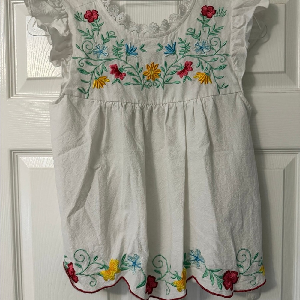 White Embroidered Floral Peasant Blouse Ruffle Sleeve Size S